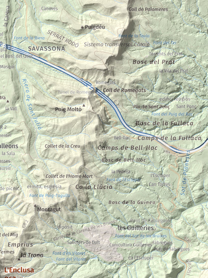 Mapa de relieve de L'Enclusa, 867 m, Osona, lámina 100 Cims de Trobart. Detalle de la zona superior derecha. 30 × 40 cm.
