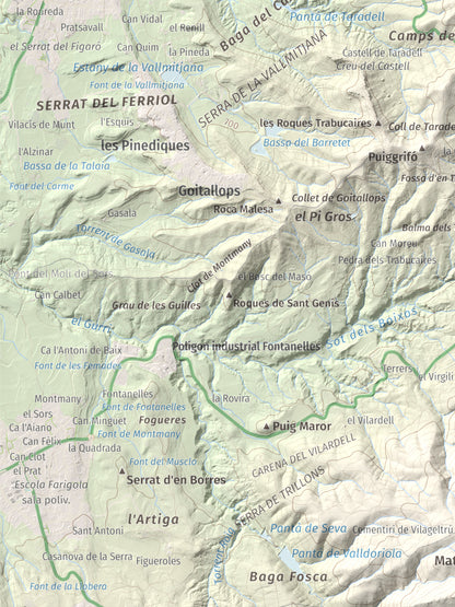 Mapa de relieve de L'Enclusa, 867 m, Osona, lámina 100 Cims de Trobart. Detalle de la zona inferior izquierda. 30 × 40 cm.