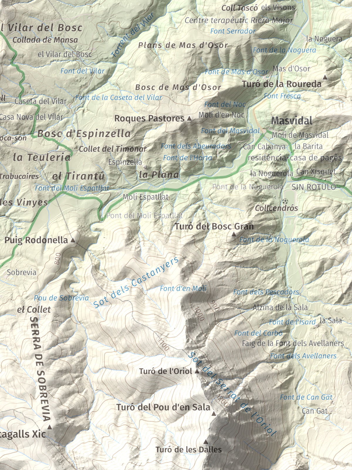 Mapa de relieve de L'Enclusa, 867 m, Osona, lámina 100 Cims de Trobart. Detalle de la zona inferior derecha. 30 × 40 cm.