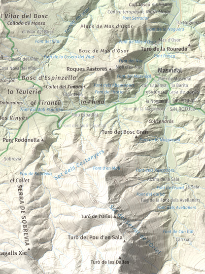 Mapa de relieve de L'Enclusa, 867 m, Osona, lámina 100 Cims de Trobart. Detalle de la zona inferior derecha. 30 × 40 cm.
