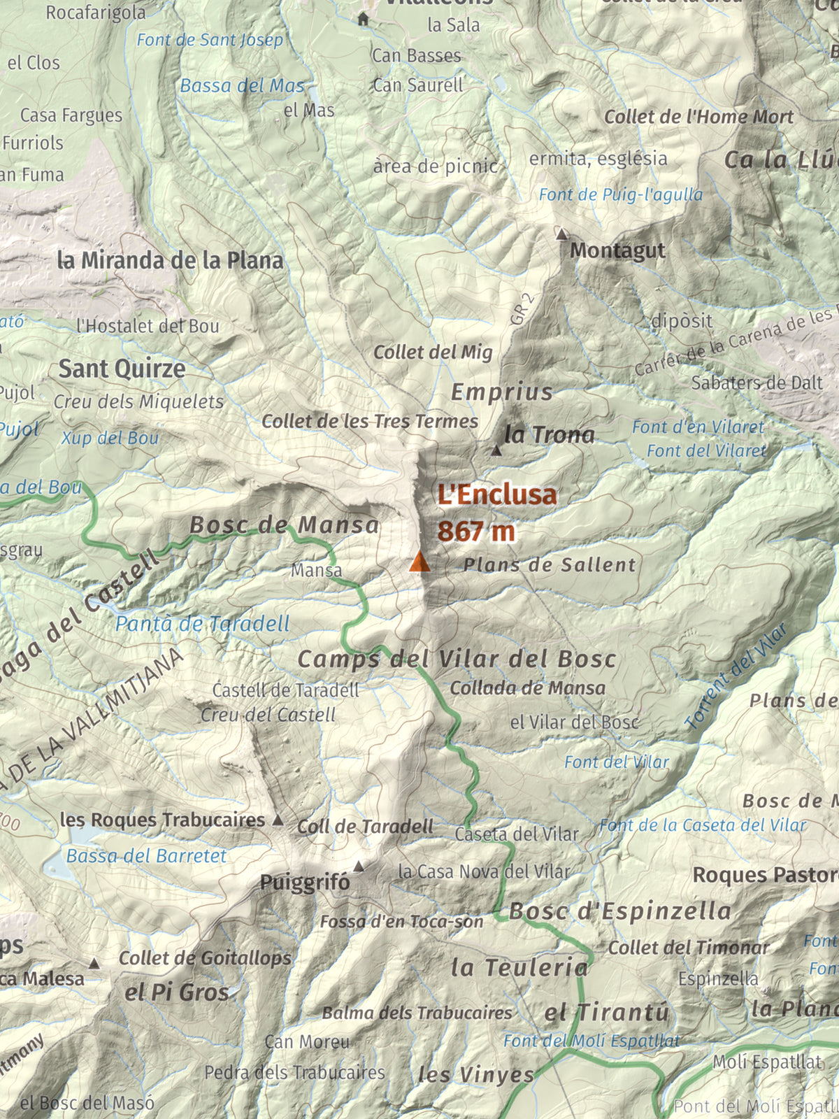 Mapa de relieve de L'Enclusa, 867 m, Osona, lámina 100 Cims de Trobart. Detalle de la zona central. 30 × 40 cm.