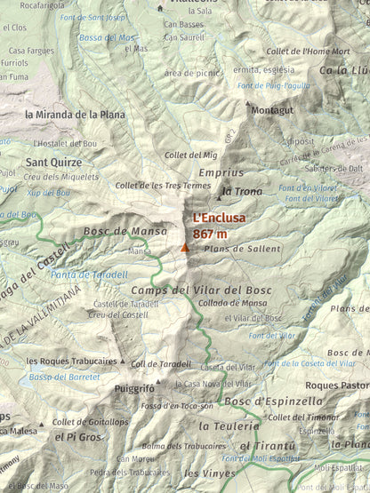 Mapa de relieve de L'Enclusa, 867 m, Osona, lámina 100 Cims de Trobart. Detalle de la zona central. 30 × 40 cm.