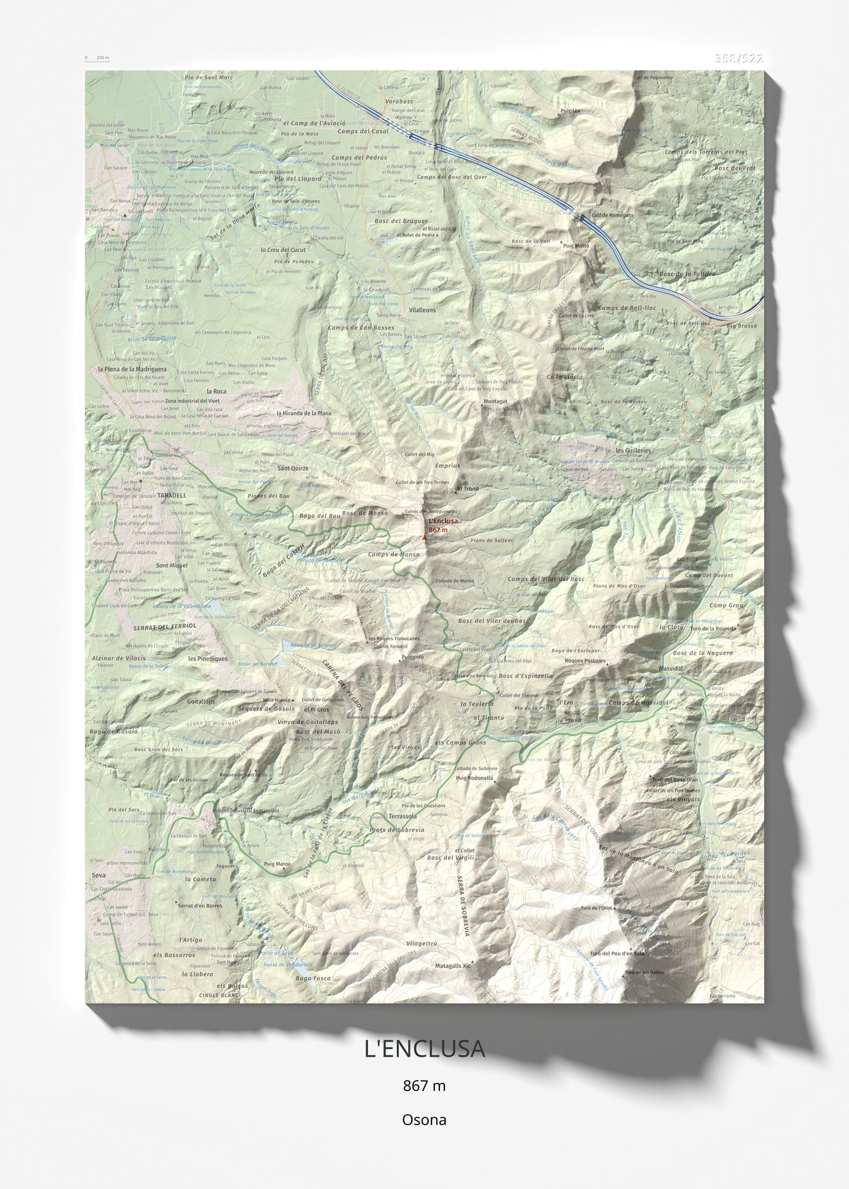 Mapa de relieve de L'Enclusa, 867 m, Osona, lámina 100 Cims de Trobart 50 × 70 cm.