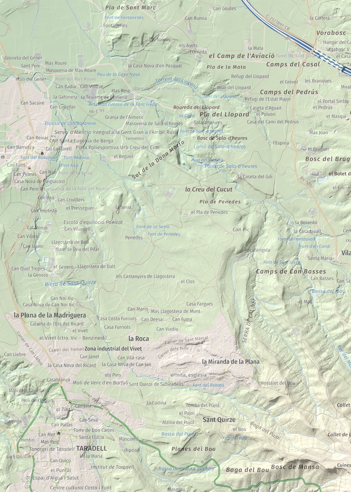 Mapa de relieve de L'Enclusa, 867 m, Osona, lámina 100 Cims de Trobart. Detalle de la zona superior izquierda. 50 × 70 cm.