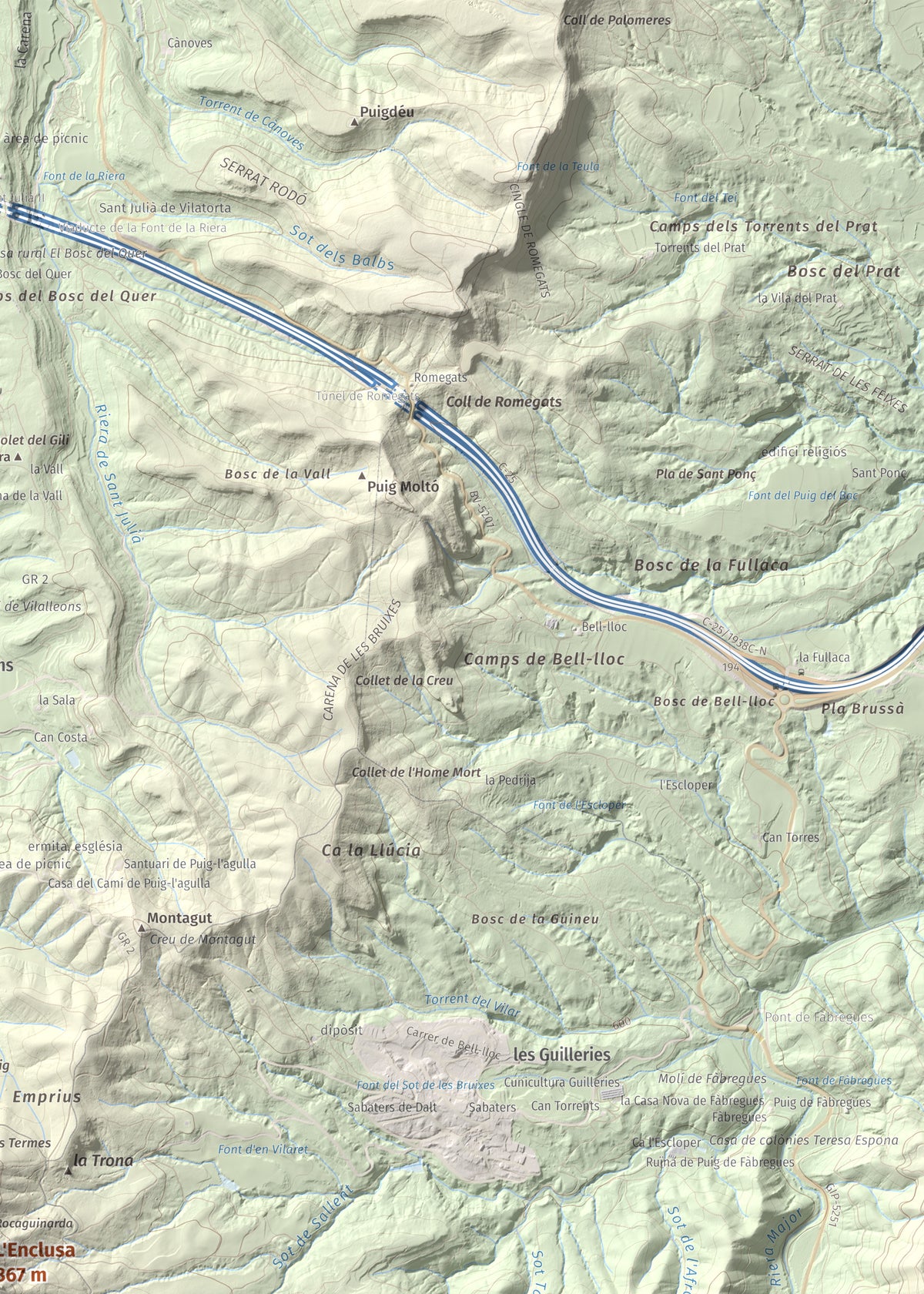 Mapa de relieve de L'Enclusa, 867 m, Osona, lámina 100 Cims de Trobart. Detalle de la zona superior derecha. 50 × 70 cm.
