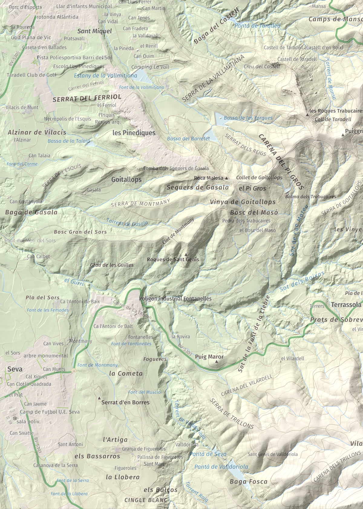 Mapa de relieve de L'Enclusa, 867 m, Osona, lámina 100 Cims de Trobart. Detalle de la zona inferior izquierda. 50 × 70 cm.