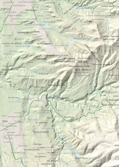 Mapa de relieve de L'Enclusa, 867 m, Osona, lámina 100 Cims de Trobart. Detalle de la zona inferior izquierda. 50 × 70 cm.