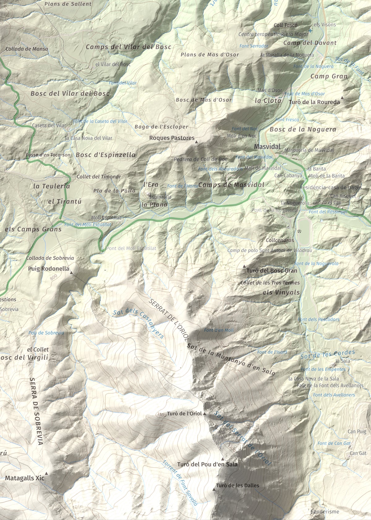 Mapa de relieve de L'Enclusa, 867 m, Osona, lámina 100 Cims de Trobart. Detalle de la zona inferior derecha. 50 × 70 cm.