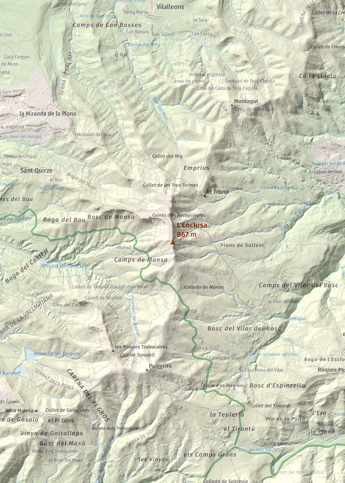 Mapa de relieve de L'Enclusa, 867 m, Osona, lámina 100 Cims de Trobart. Detalle de la zona central. 50 × 70 cm.