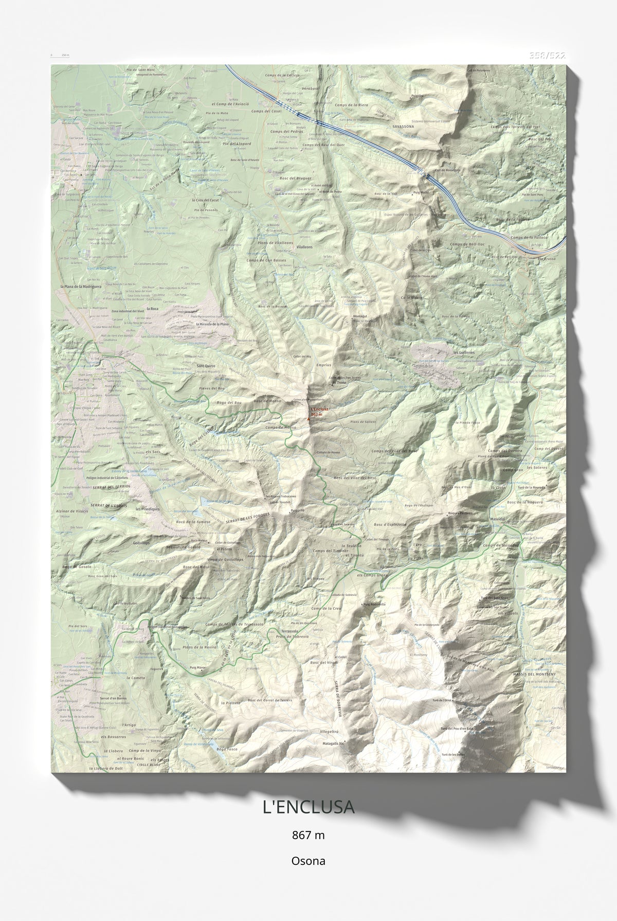 Mapa de relieve de L'Enclusa, 867 m, Osona, lámina 100 Cims de Trobart 61 × 91 cm.