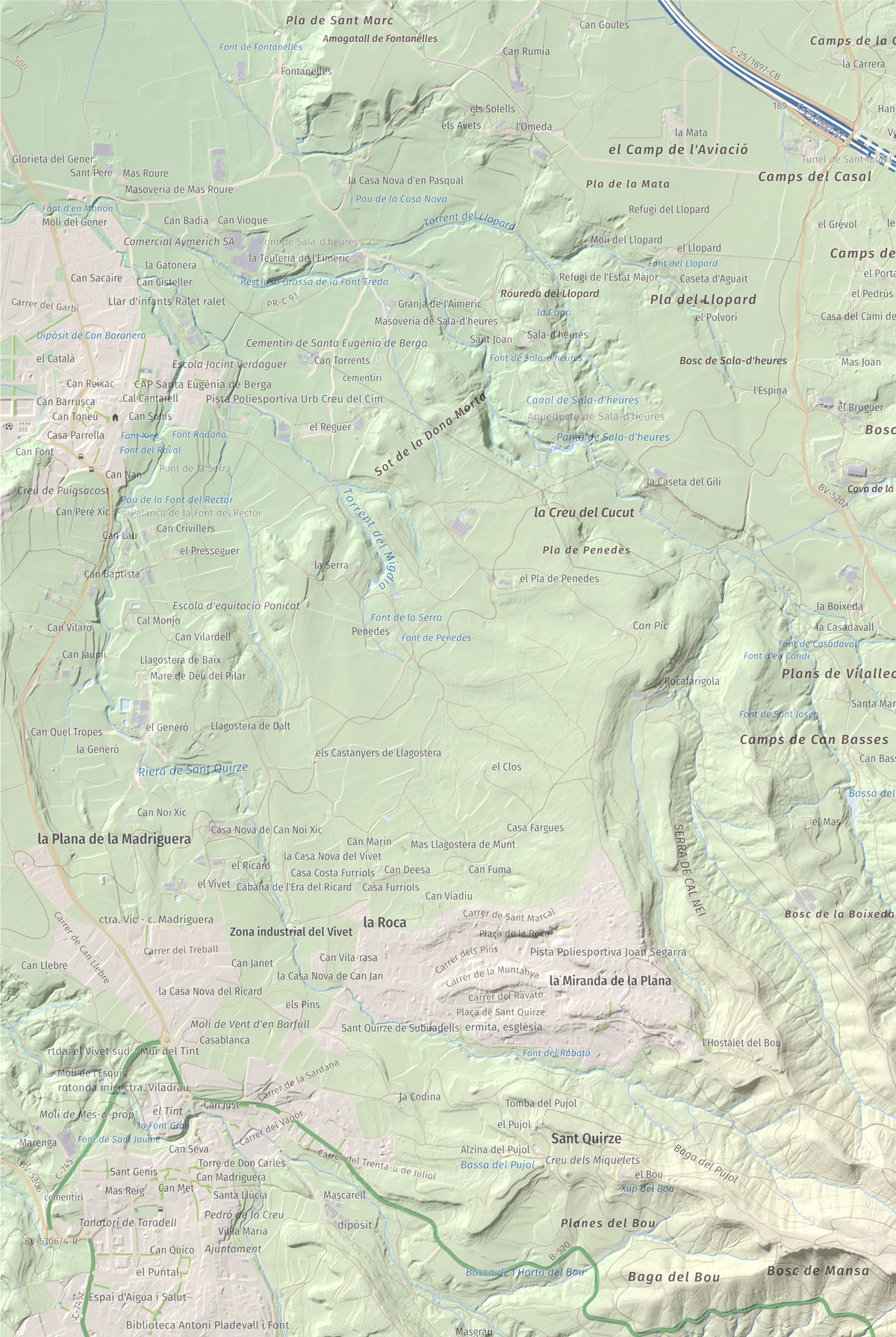 Mapa de relieve de L'Enclusa, 867 m, Osona, lámina 100 Cims de Trobart. Detalle de la zona superior izquierda. 61 × 91 cm.