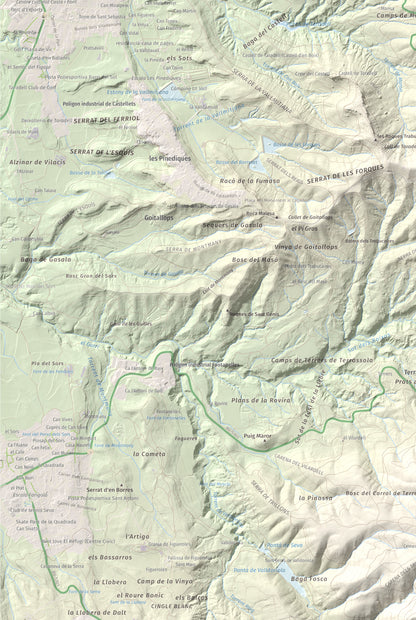Mapa de relieve de L'Enclusa, 867 m, Osona, lámina 100 Cims de Trobart. Detalle de la zona inferior izquierda. 61 × 91 cm.