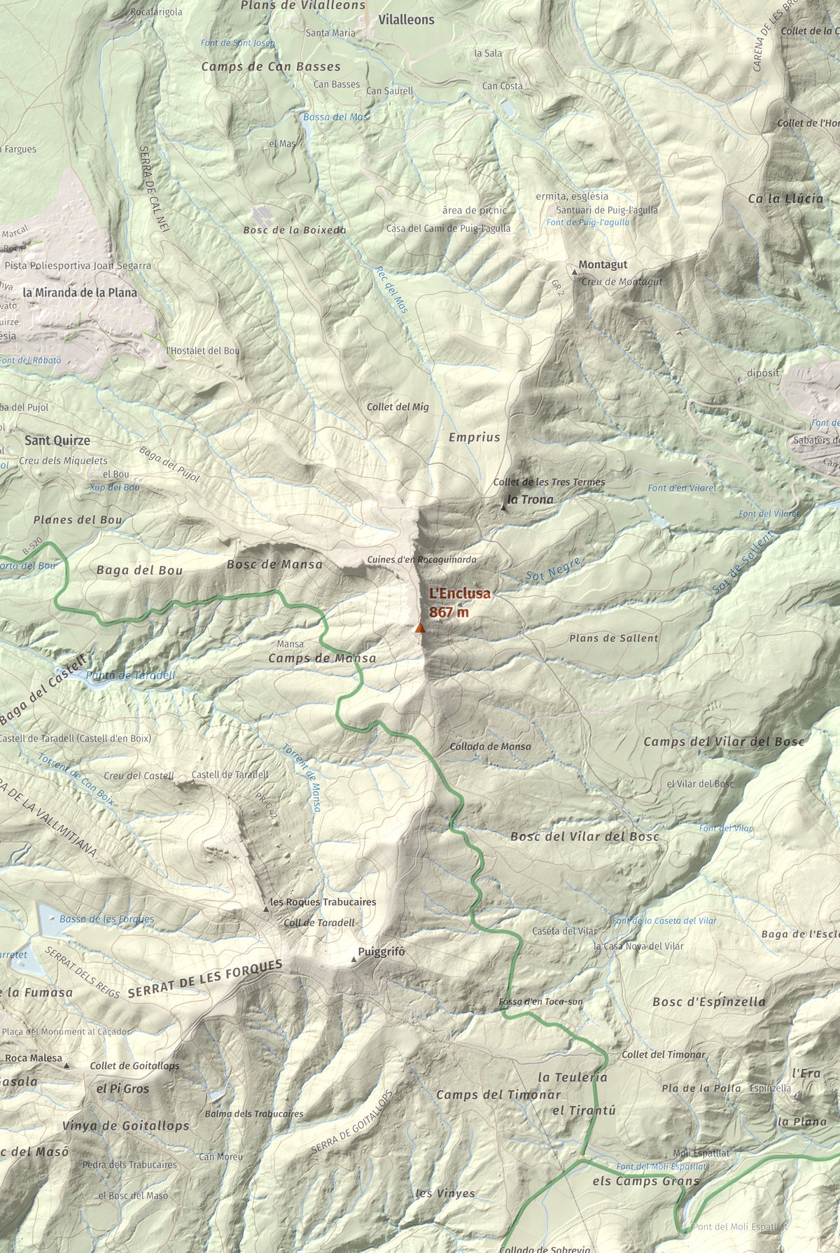 Mapa de relieve de L'Enclusa, 867 m, Osona, lámina 100 Cims de Trobart. Detalle de la zona central. 61 × 91 cm.