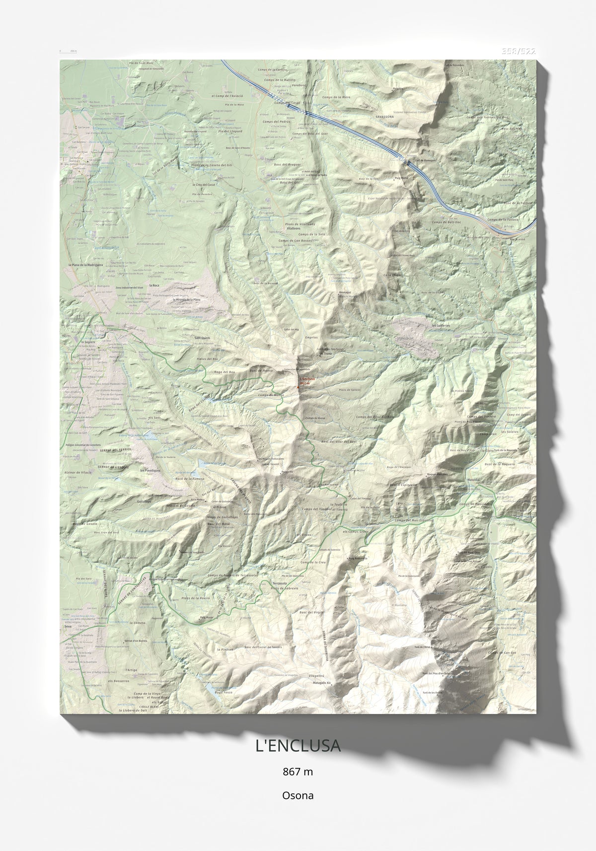 Mapa de relieve de L'Enclusa, 867 m, Osona, lámina 100 Cims de Trobart 70 × 100 cm.