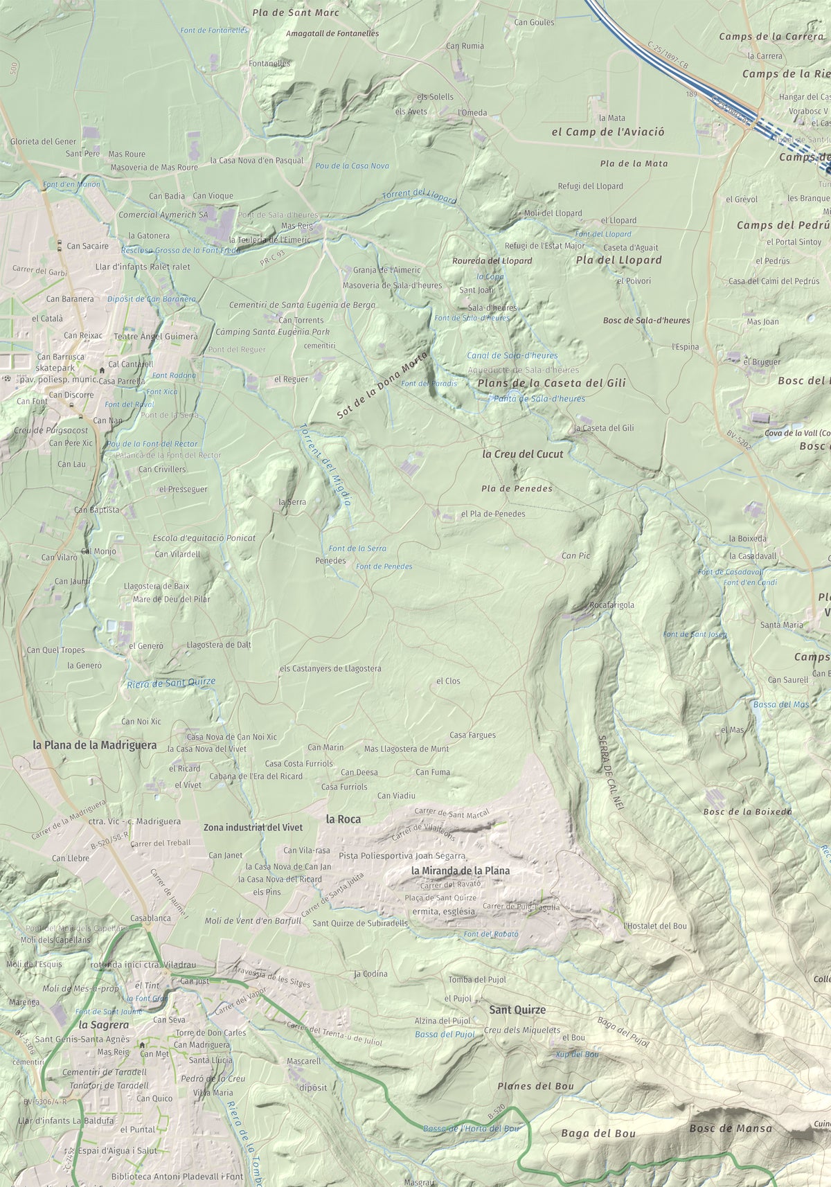 Mapa de relieve de L'Enclusa, 867 m, Osona, lámina 100 Cims de Trobart. Detalle de la zona superior izquierda. 70 × 100 cm.