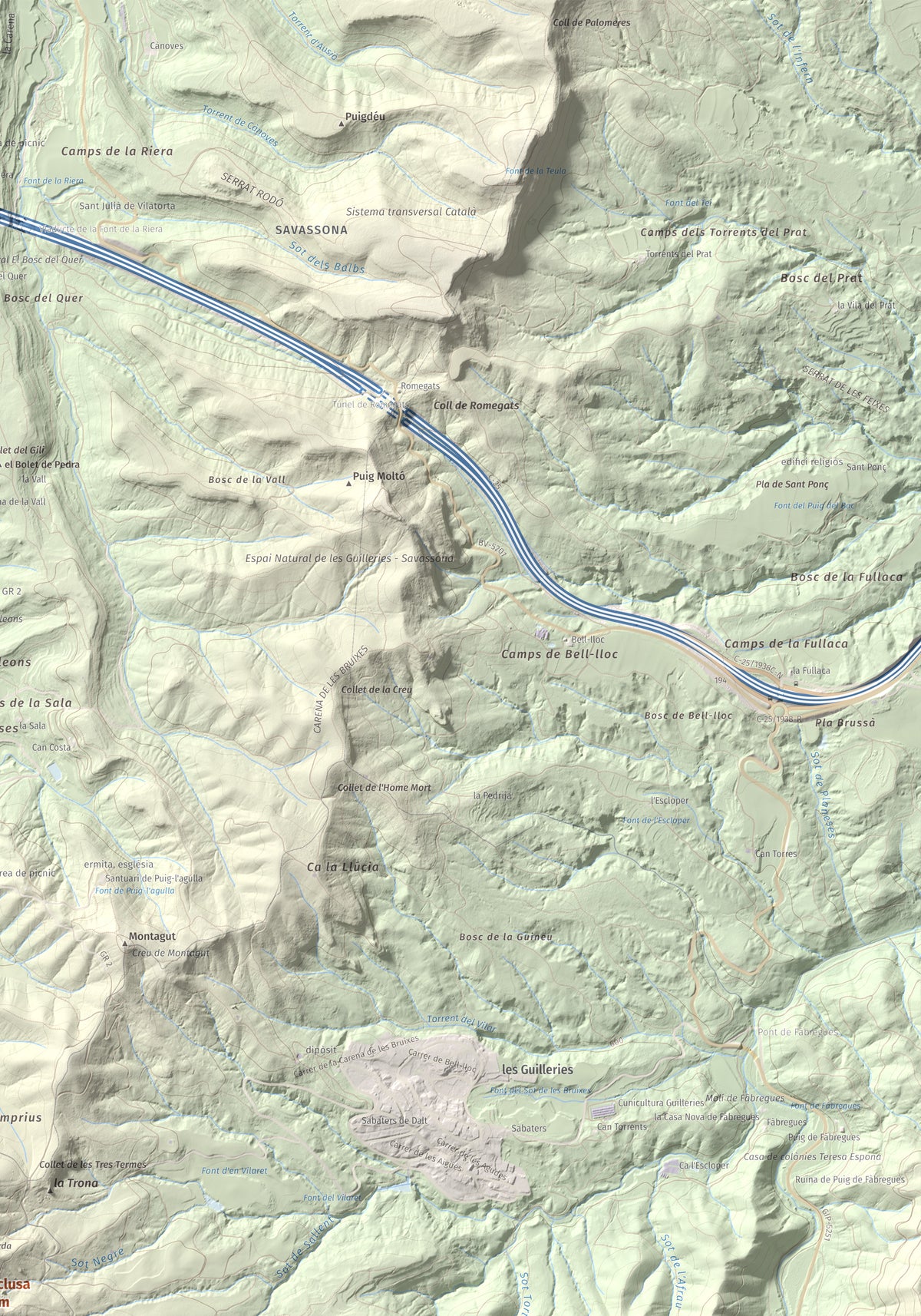 Mapa de relieve de L'Enclusa, 867 m, Osona, lámina 100 Cims de Trobart. Detalle de la zona superior derecha. 70 × 100 cm.