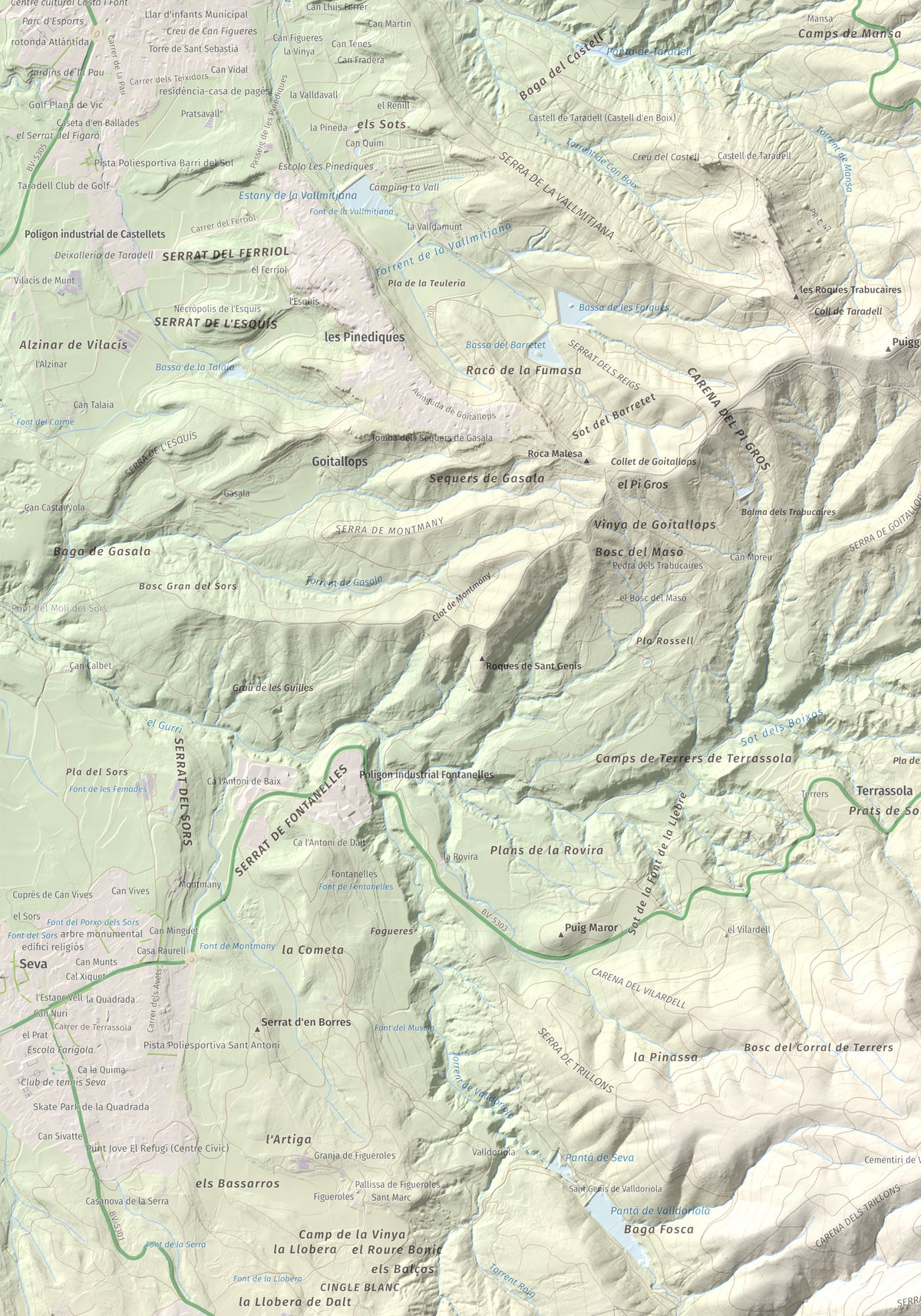 Mapa de relieve de L'Enclusa, 867 m, Osona, lámina 100 Cims de Trobart. Detalle de la zona inferior izquierda. 70 × 100 cm.