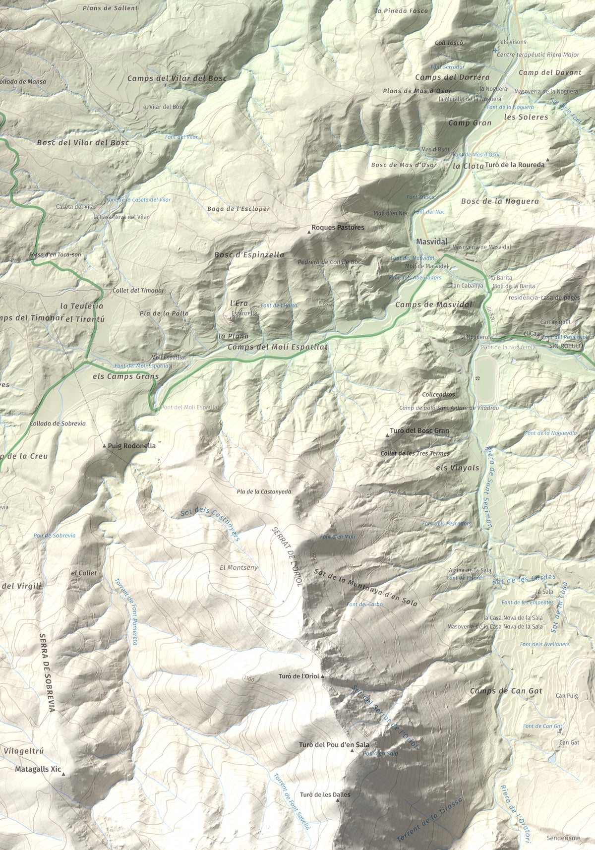 Mapa de relieve de L'Enclusa, 867 m, Osona, lámina 100 Cims de Trobart. Detalle de la zona inferior derecha. 70 × 100 cm.