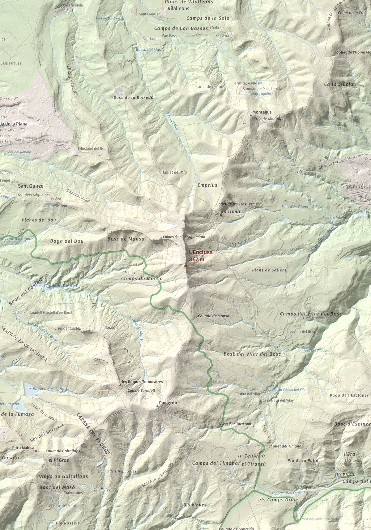 Mapa de relieve de L'Enclusa, 867 m, Osona, lámina 100 Cims de Trobart. Detalle de la zona central. 70 × 100 cm.
