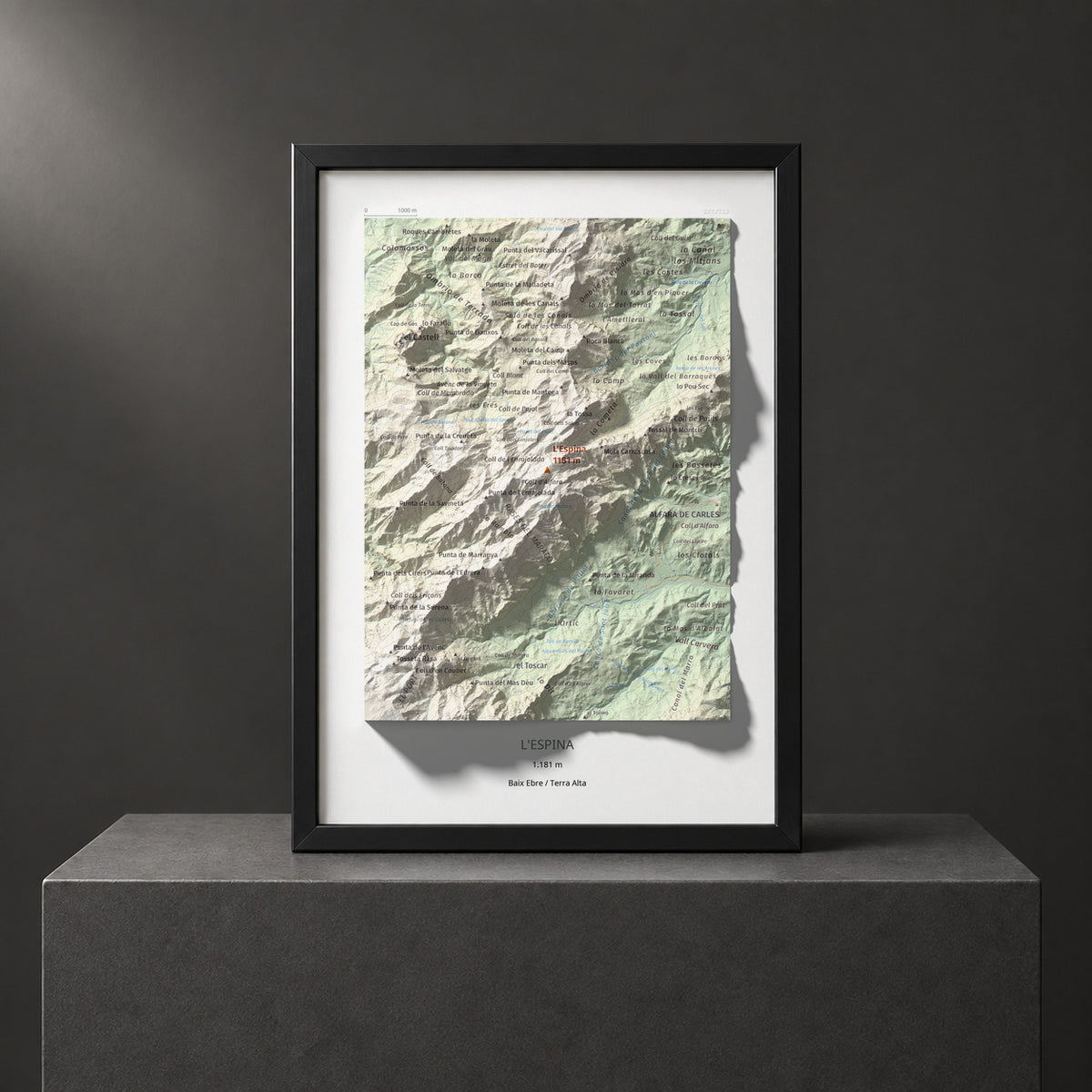 Mapa de relieve de L'Espina, 1181 m, Baix Ebre · Terra Alta, lámina 100 Cims de Trobart. Presentación enmarcada. 21 × 30 cm.