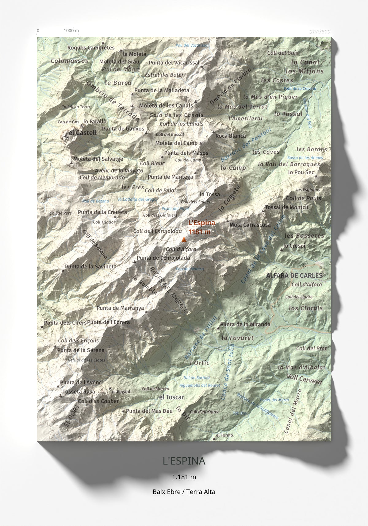Mapa de relieve de L'Espina, 1181 m, Baix Ebre · Terra Alta, lámina 100 Cims de Trobart 21 × 30 cm.