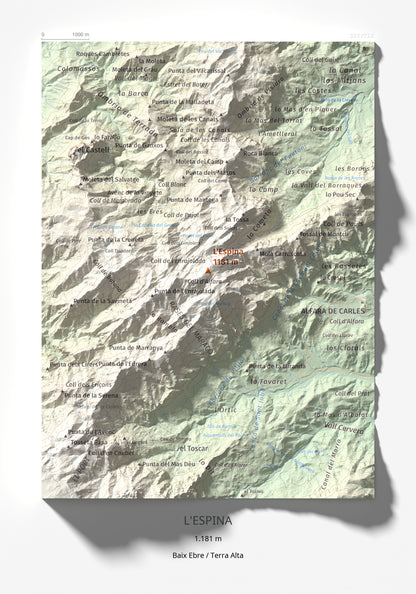 Mapa de relieve de L'Espina, 1181 m, Baix Ebre · Terra Alta, lámina 100 Cims de Trobart 21 × 30 cm.