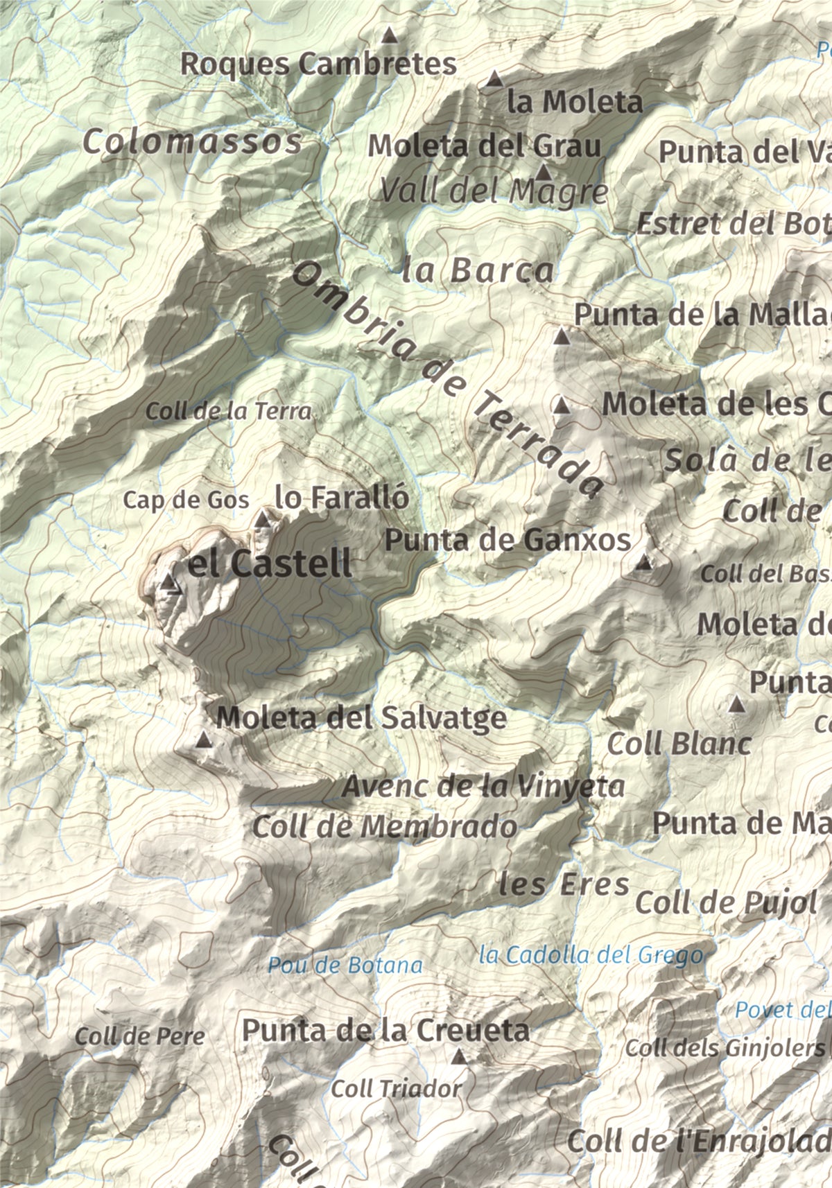 Mapa de relieve de L'Espina, 1181 m, Baix Ebre · Terra Alta, lámina 100 Cims de Trobart. Detalle de la zona superior izquierda. 21 × 30 cm.