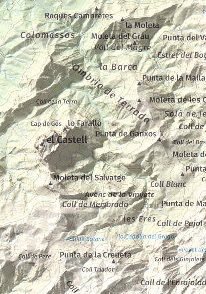 Mapa de relieve de L'Espina, 1181 m, Baix Ebre · Terra Alta, lámina 100 Cims de Trobart. Detalle de la zona superior izquierda. 21 × 30 cm.