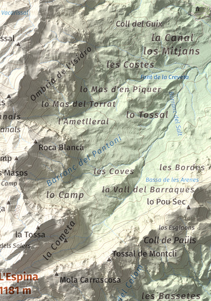 Mapa de relieve de L'Espina, 1181 m, Baix Ebre · Terra Alta, lámina 100 Cims de Trobart. Detalle de la zona superior derecha. 21 × 30 cm.