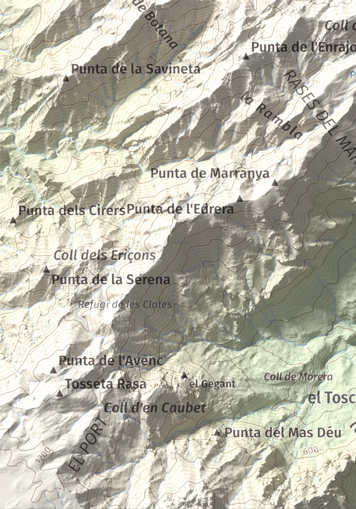 Mapa de relieve de L'Espina, 1181 m, Baix Ebre · Terra Alta, lámina 100 Cims de Trobart. Detalle de la zona inferior izquierda. 21 × 30 cm.
