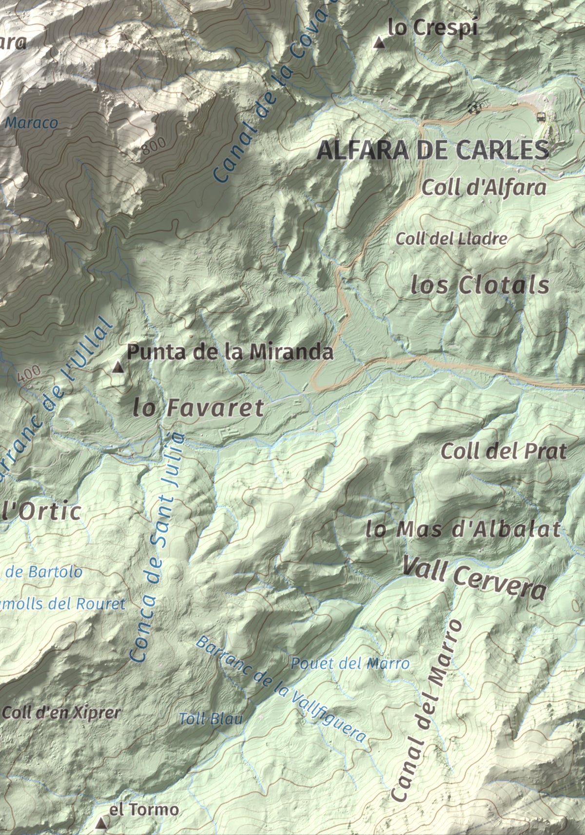 Mapa de relieve de L'Espina, 1181 m, Baix Ebre · Terra Alta, lámina 100 Cims de Trobart. Detalle de la zona inferior derecha. 21 × 30 cm.