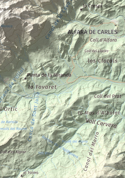 Mapa de relieve de L'Espina, 1181 m, Baix Ebre · Terra Alta, lámina 100 Cims de Trobart. Detalle de la zona inferior derecha. 21 × 30 cm.