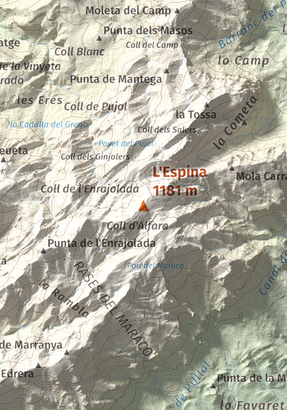 Mapa de relieve de L'Espina, 1181 m, Baix Ebre · Terra Alta, lámina 100 Cims de Trobart. Detalle de la zona central. 21 × 30 cm.