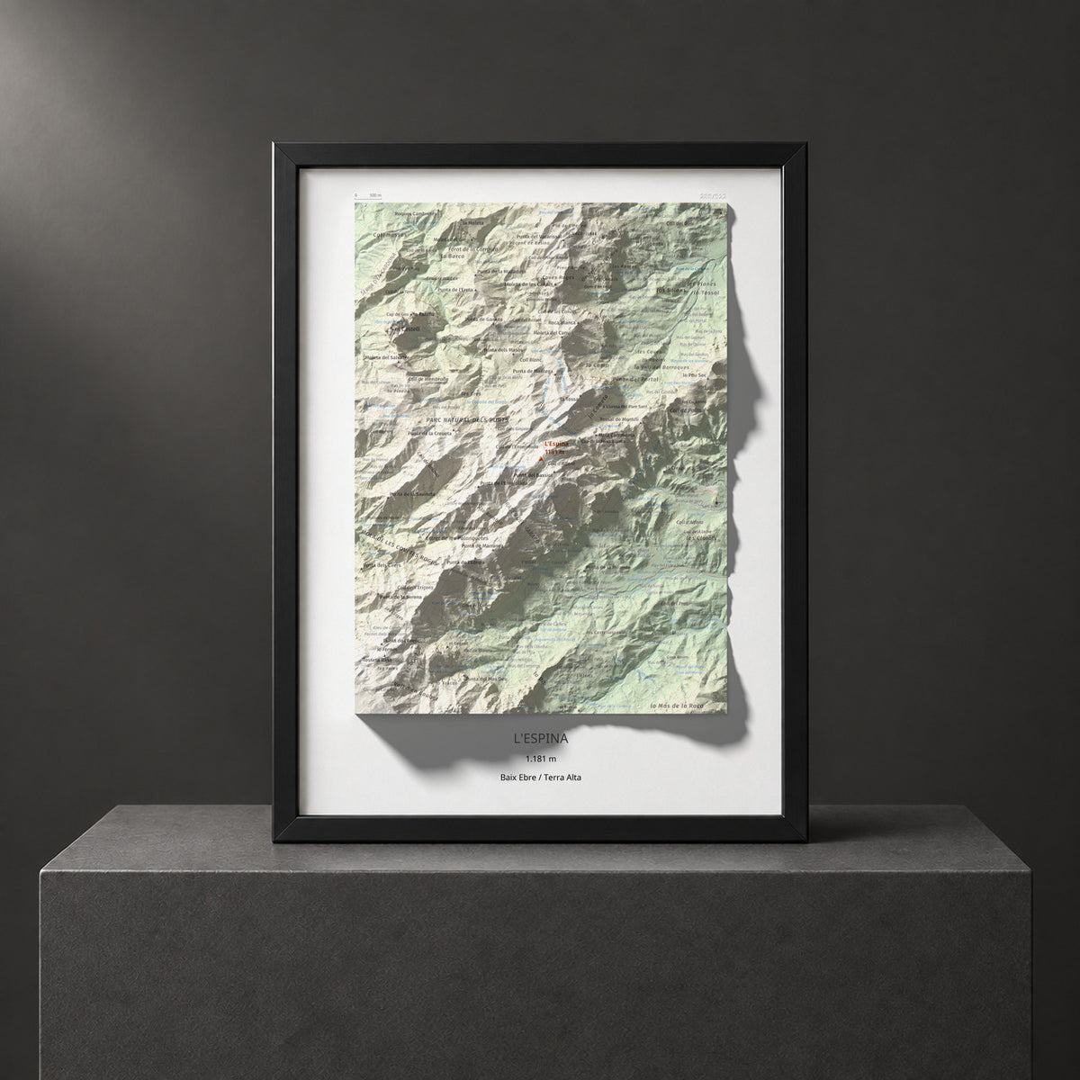 Mapa de relieve de L'Espina, 1181 m, Baix Ebre · Terra Alta, lámina 100 Cims de Trobart. Presentación enmarcada. 30 × 40 cm.