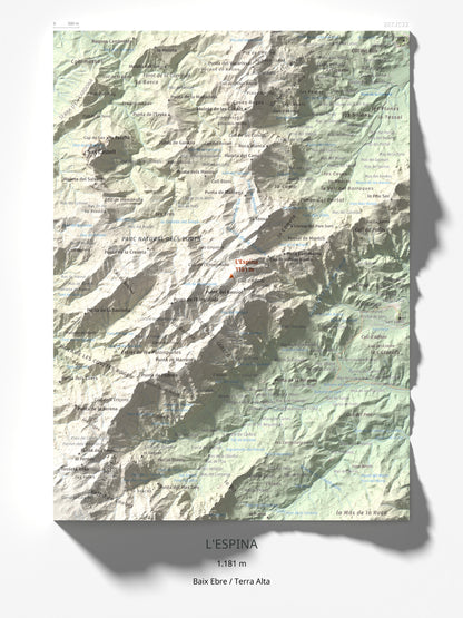 Mapa de relieve de L'Espina, 1181 m, Baix Ebre · Terra Alta, lámina 100 Cims de Trobart 30 × 40 cm.
