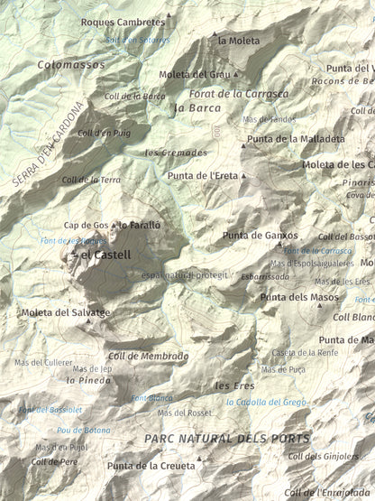 Mapa de relieve de L'Espina, 1181 m, Baix Ebre · Terra Alta, lámina 100 Cims de Trobart. Detalle de la zona superior izquierda. 30 × 40 cm.
