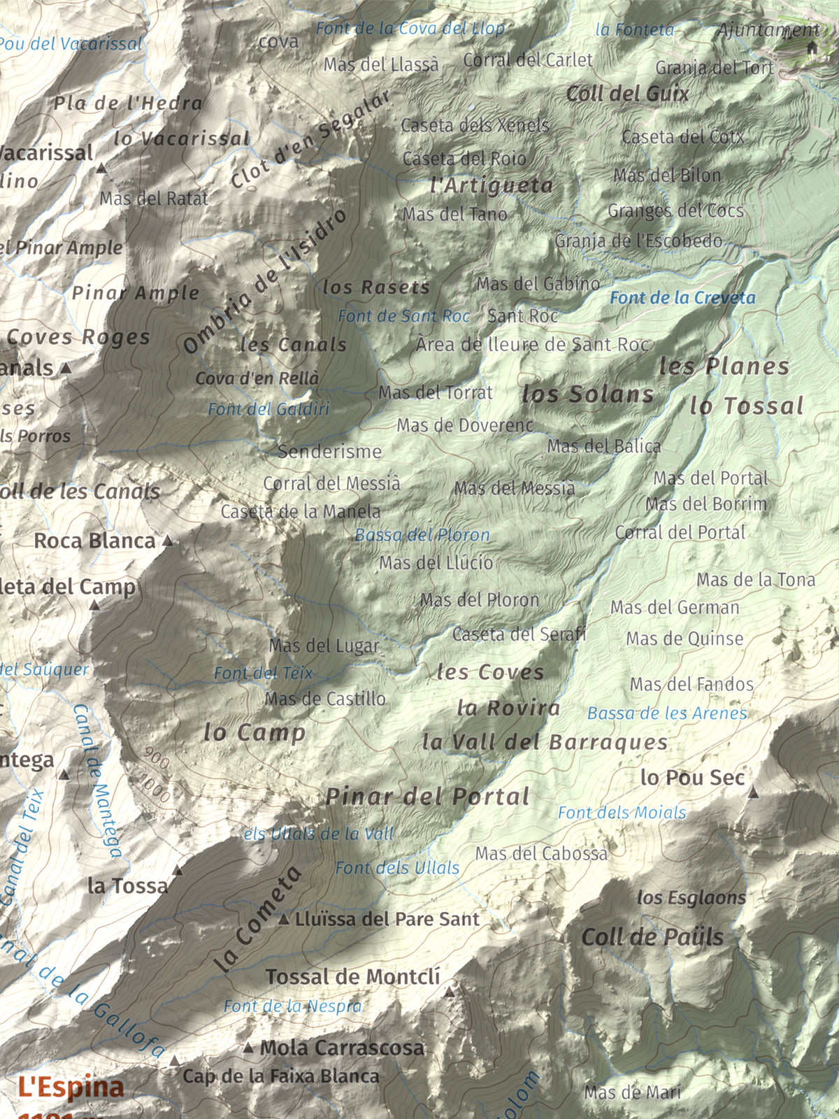 Mapa de relieve de L'Espina, 1181 m, Baix Ebre · Terra Alta, lámina 100 Cims de Trobart. Detalle de la zona superior derecha. 30 × 40 cm.