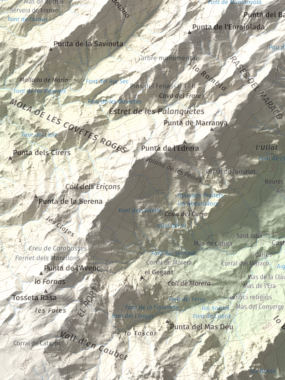 Mapa de relieve de L'Espina, 1181 m, Baix Ebre · Terra Alta, lámina 100 Cims de Trobart. Detalle de la zona inferior izquierda. 30 × 40 cm.