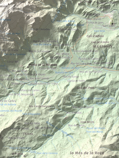 Mapa de relieve de L'Espina, 1181 m, Baix Ebre · Terra Alta, lámina 100 Cims de Trobart. Detalle de la zona inferior derecha. 30 × 40 cm.