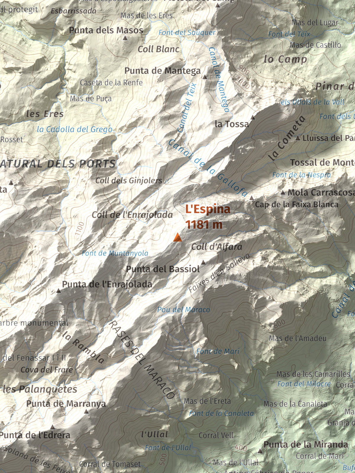 Mapa de relieve de L'Espina, 1181 m, Baix Ebre · Terra Alta, lámina 100 Cims de Trobart. Detalle de la zona central. 30 × 40 cm.