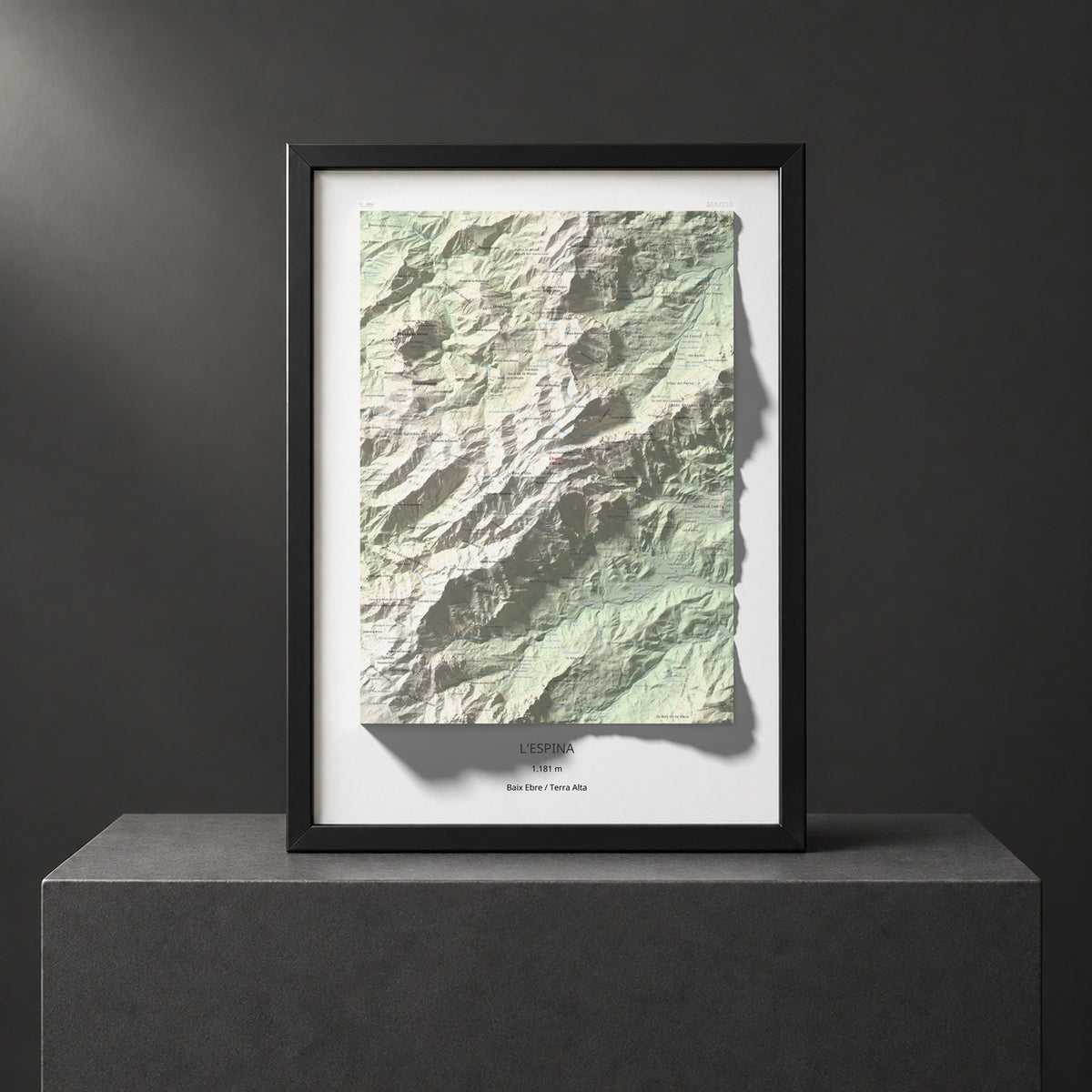Mapa de relieve de L'Espina, 1181 m, Baix Ebre · Terra Alta, lámina 100 Cims de Trobart. Presentación enmarcada. 50 × 70 cm.