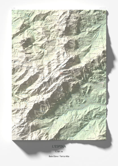 Mapa de relieve de L'Espina, 1181 m, Baix Ebre · Terra Alta, lámina 100 Cims de Trobart 50 × 70 cm.