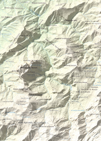 Mapa de relieve de L'Espina, 1181 m, Baix Ebre · Terra Alta, lámina 100 Cims de Trobart. Detalle de la zona superior izquierda. 50 × 70 cm.