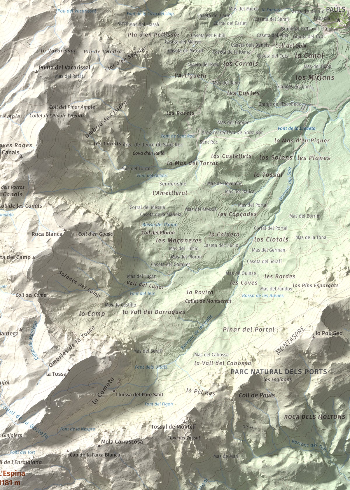 Mapa de relieve de L'Espina, 1181 m, Baix Ebre · Terra Alta, lámina 100 Cims de Trobart. Detalle de la zona superior derecha. 50 × 70 cm.