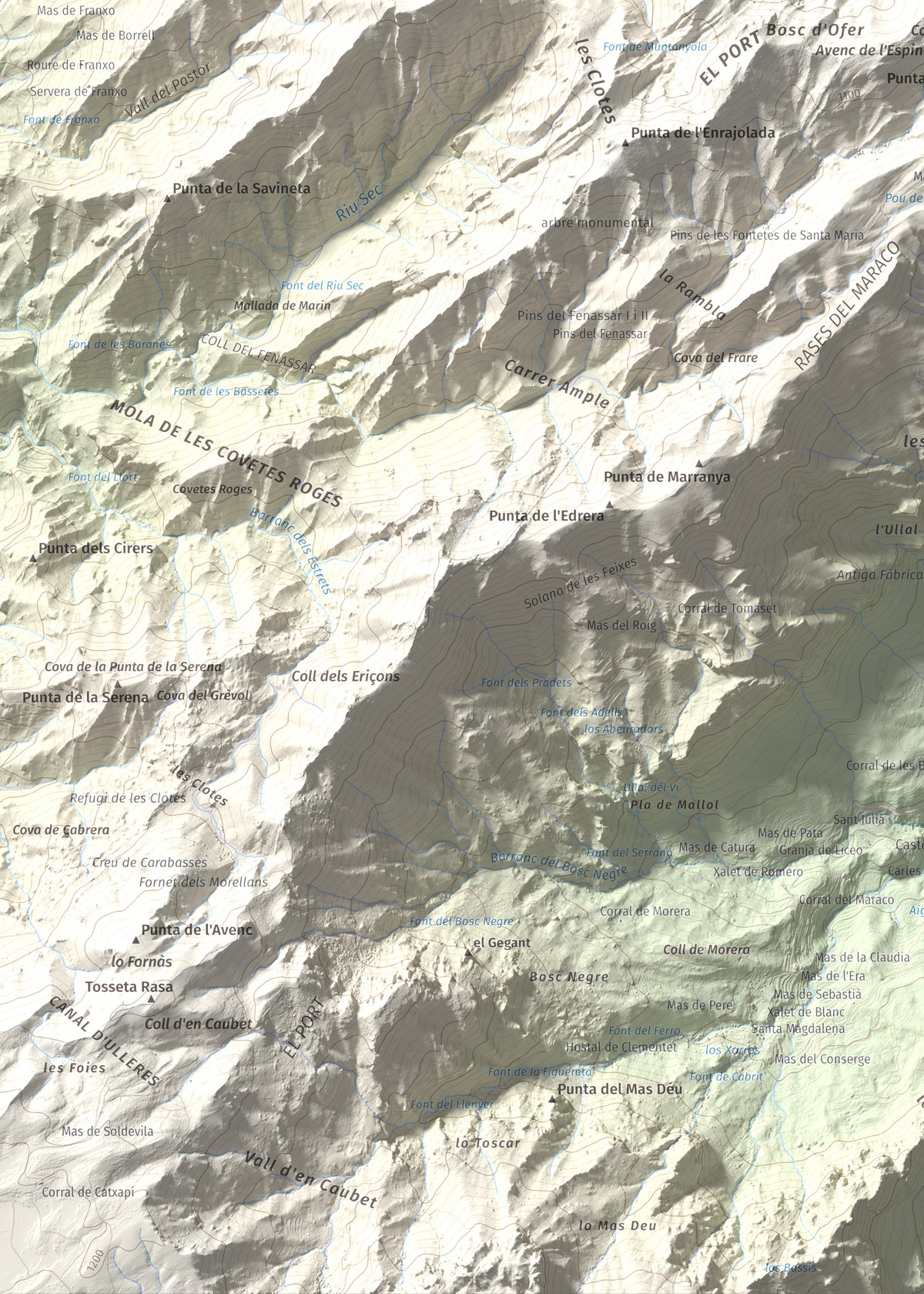 Mapa de relieve de L'Espina, 1181 m, Baix Ebre · Terra Alta, lámina 100 Cims de Trobart. Detalle de la zona inferior izquierda. 50 × 70 cm.