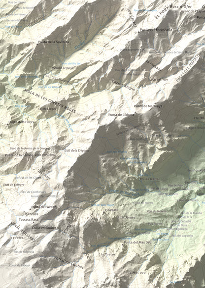 Mapa de relieve de L'Espina, 1181 m, Baix Ebre · Terra Alta, lámina 100 Cims de Trobart. Detalle de la zona inferior izquierda. 50 × 70 cm.