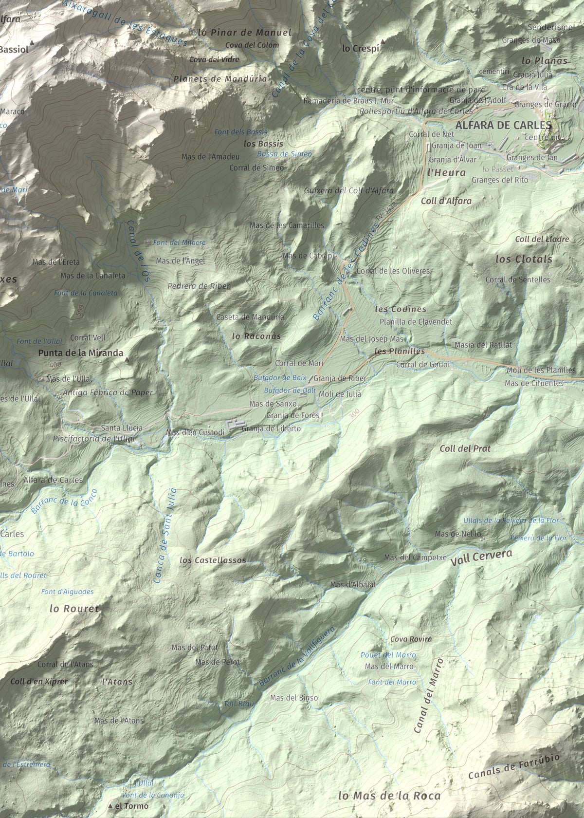 Mapa de relieve de L'Espina, 1181 m, Baix Ebre · Terra Alta, lámina 100 Cims de Trobart. Detalle de la zona inferior derecha. 50 × 70 cm.