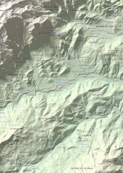 Mapa de relieve de L'Espina, 1181 m, Baix Ebre · Terra Alta, lámina 100 Cims de Trobart. Detalle de la zona inferior derecha. 50 × 70 cm.