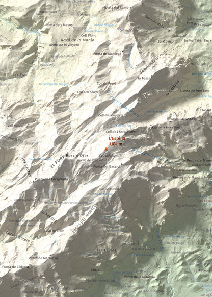 Mapa de relieve de L'Espina, 1181 m, Baix Ebre · Terra Alta, lámina 100 Cims de Trobart. Detalle de la zona central. 50 × 70 cm.