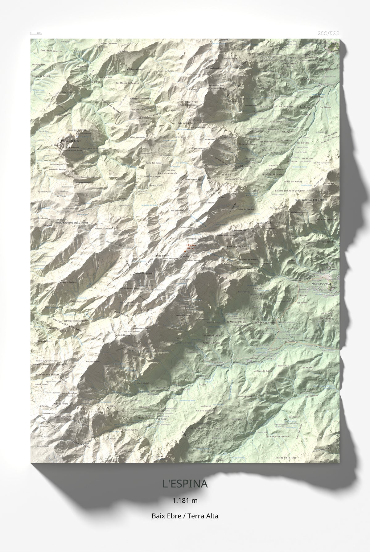 Mapa de relieve de L'Espina, 1181 m, Baix Ebre · Terra Alta, lámina 100 Cims de Trobart 61 × 91 cm.